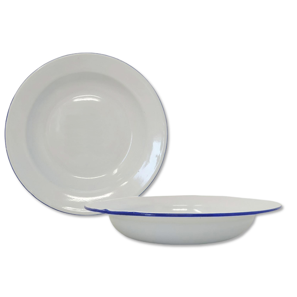 Plato sopa cuad enlozado bco con borde azul 25x19c
