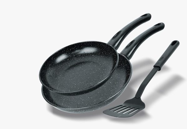 Set x3: 2 sartenes 20-24cm aprox+espátula calada nylon 0,8mm - Imagen 1