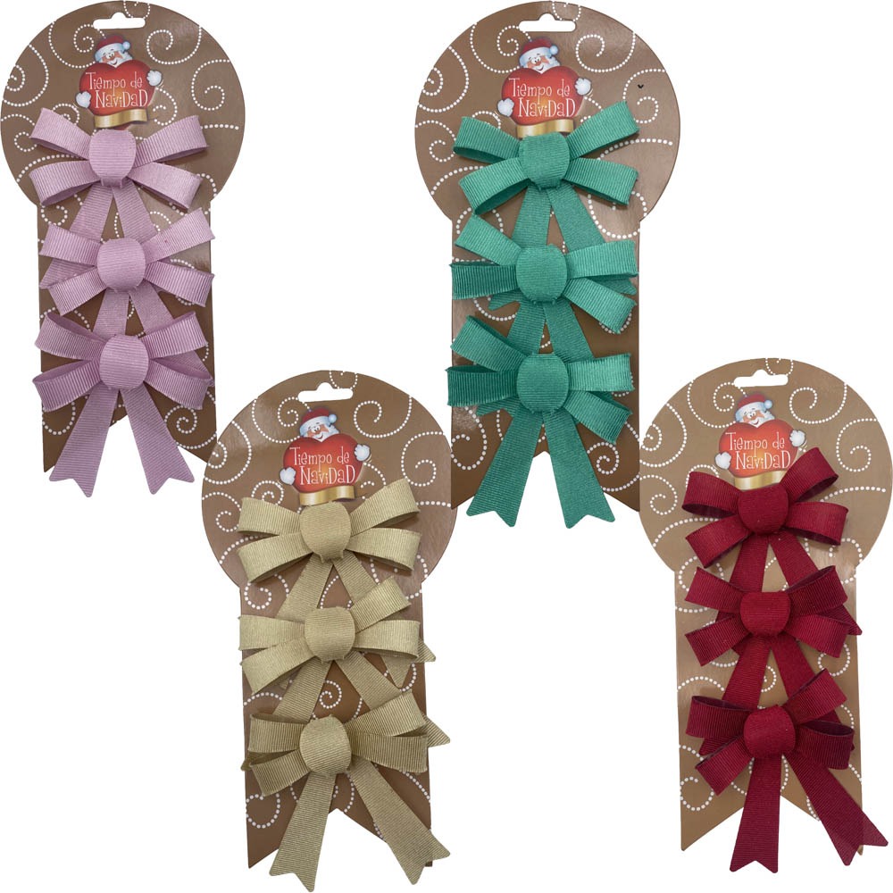 Set x3 moños armados 9x10cm -4 surtido,do,ro,verd,rosa
