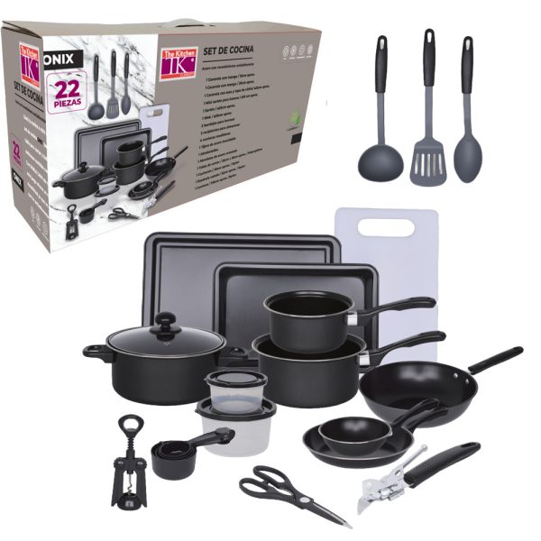 Set x22:3 cacs+1 tapa+2 sart+1 wok+2 band+tabl+10 ut+2 recip - Imagen 1