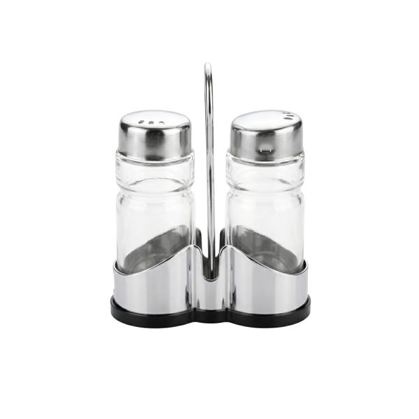 Set salero y pimentero-40ml aprox-vidrio c/tapa met c/rack - Imagen 1