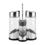 Set x4 condimenteros de vidrio con tapa metálica en rack