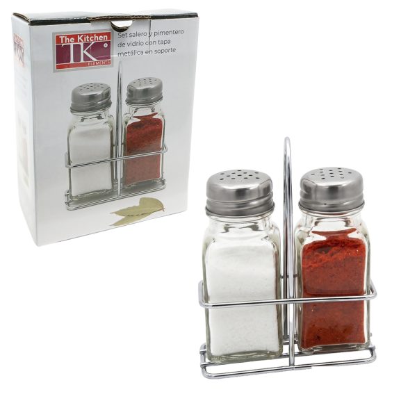 Set salero y pimentero-vidrio-70ml aprox c/tapa met en rack - Imagen 1