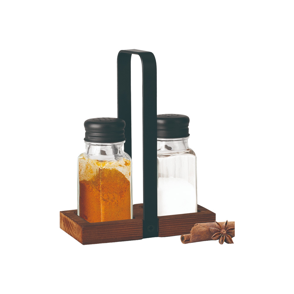 Set 2 espec tapa negra base madera con asa met 4x9.5cm-75ml