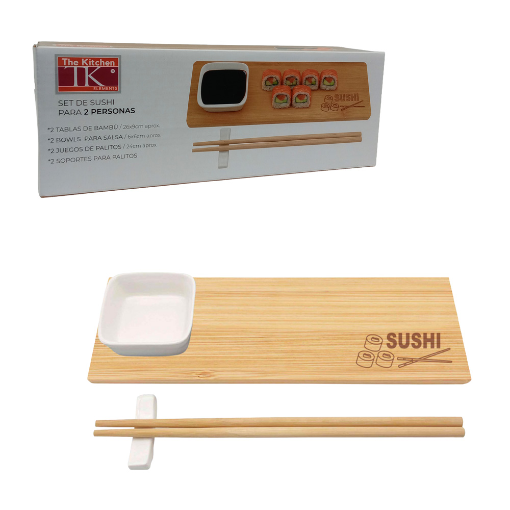 Set sushi para 2: 2 tablas bambú-2 bowl-2 palillos-2 soportes